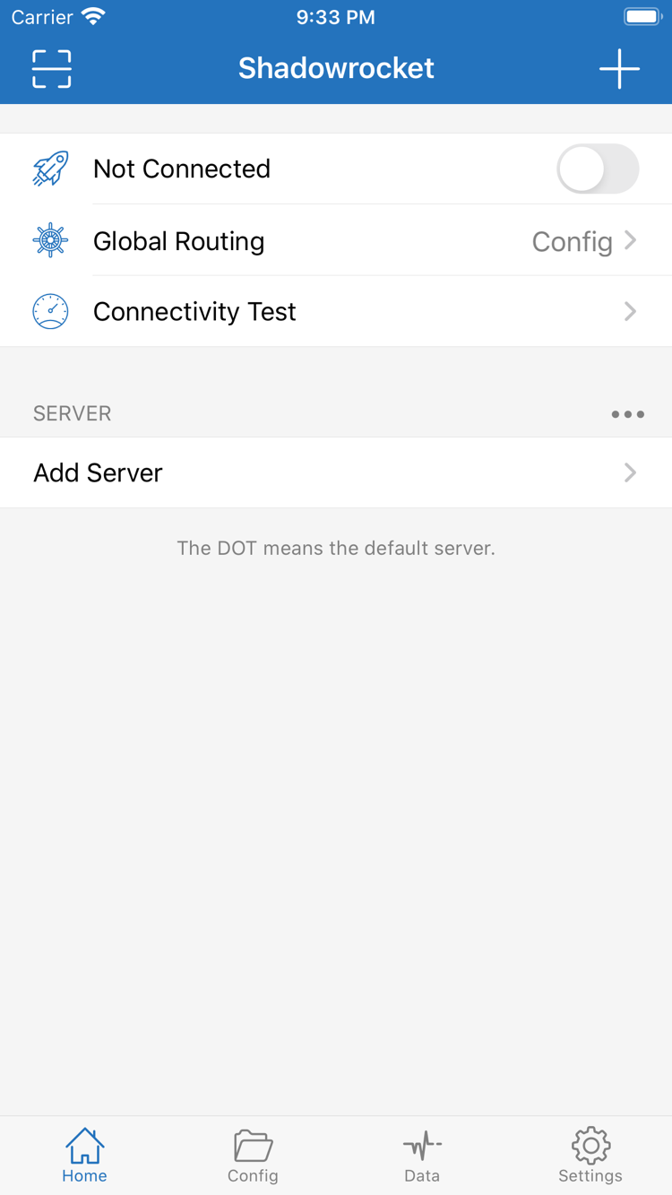 Shadowrocket Home 官方介面，顯示連線開關、Global Routing 與 Connectivity Test